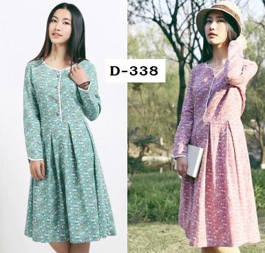 เดรสคลุมท้องแขนยาว กระดุมด้านหน้า ผ้าพิมพ์ลายดอกไม้ ทำงานได้ D-338