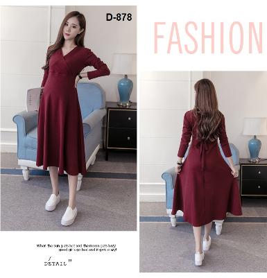 เดรสคลุมท้องแฟชั่นช่วงอกป้าย แขนยาว สวมใส่สบาย ใส่ทำงานได้ D-878
