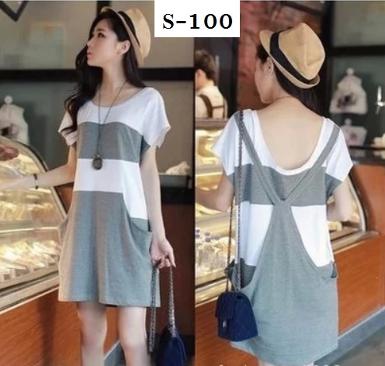 เสื้อคลุมท้องลายขวาง สไตล์เอี๊ยม เนื้อผ้ายืดสวมใส่สบาย กระเป๋าล้วงด้านหน้า S-100