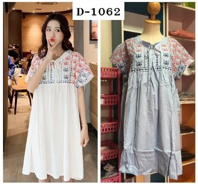 เดรสคลุมท้องแฟชั่น คอกลม ปักลายช่วงอก สวมใส่สบาย D-1062
